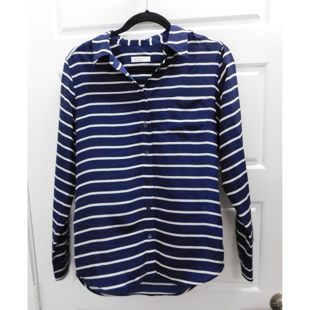 Equipment 100% Silk Navy‎ Blue White Striped Button Down Blouse sz XS